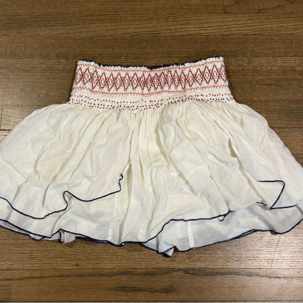 Free People Red Off White Blue Gauze Beaded Embroidered Smocked Mini Skirt: L